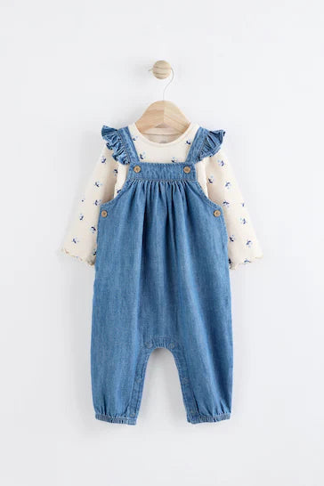 |BabyGirl| Conjunto De Macaquinho Jeans Para Bebê e Body De Manga Comprida (0 meses a 2 anos)