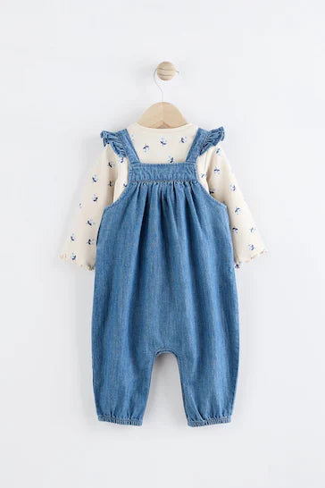 |BabyGirl| Conjunto De Macaquinho Jeans Para Bebê e Body De Manga Comprida (0 meses a 2 anos)