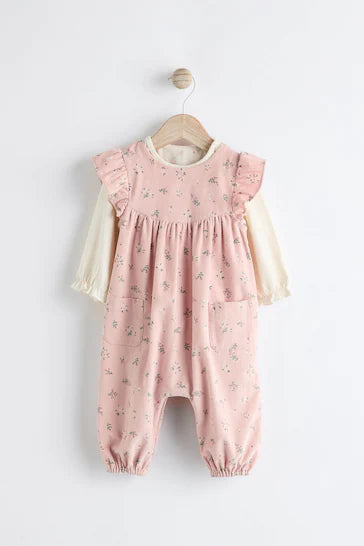 |BabyGirl| Conjunto De Macacão De Bebê De Veludo Floral Rosa e Body De Manga Comprida (0 meses a 2 anos)