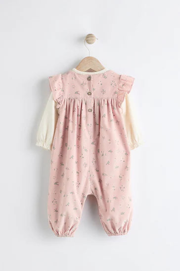 |BabyGirl| Conjunto De Macacão De Bebê De Veludo Floral Rosa e Body De Manga Comprida (0 meses a 2 anos)