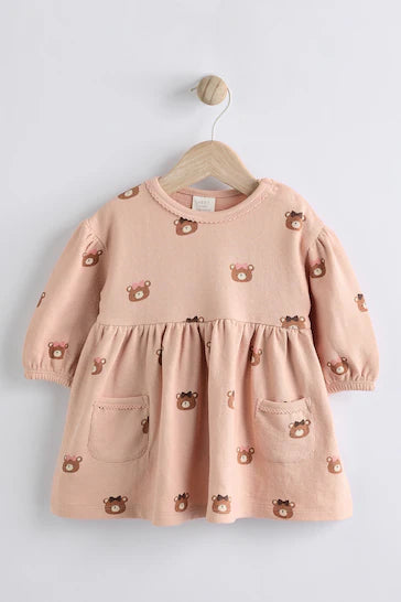 |BabyGirl| Vestido Jersey Bebé Com Meia-calça - Estampa Urso Castanho Caramelo/Rosa (0 meses-2 anos)