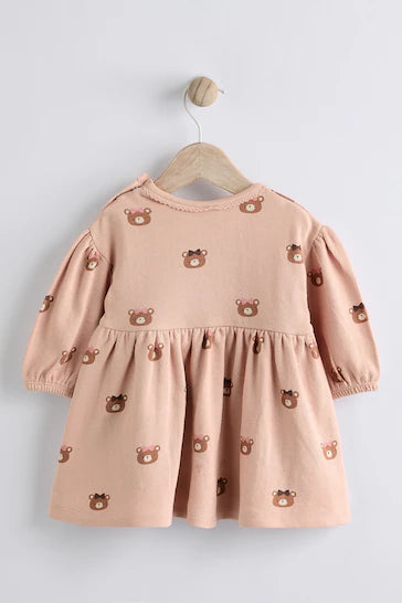 |BabyGirl| Vestido Jersey Bebé Com Meia-calça - Estampa Urso Castanho Caramelo/Rosa (0 meses-2 anos)