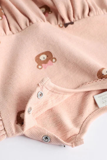 |BabyGirl| Vestido Jersey Bebé Com Meia-calça - Estampa Urso Castanho Caramelo/Rosa (0 meses-2 anos)