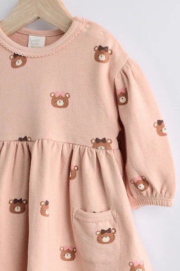 |BabyGirl| Vestido Jersey Bebé Com Meia-calça - Estampa Urso Castanho Caramelo/Rosa (0 meses-2 anos)