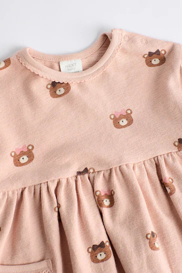 |BabyGirl| Vestido Jersey Bebé Com Meia-calça - Estampa Urso Castanho Caramelo/Rosa (0 meses-2 anos)