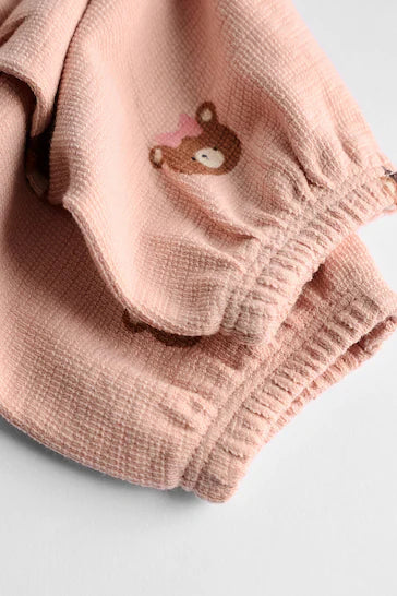 |BabyGirl| Vestido Jersey Bebé Com Meia-calça - Estampa Urso Castanho Caramelo/Rosa (0 meses-2 anos)