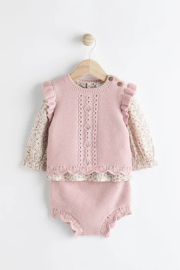 |BabyGirl| Conjunto De Shorts Bloomer De Malha Rosa Manga Comprida e Conjunto De Meia-calça (0 meses a 2 anos)