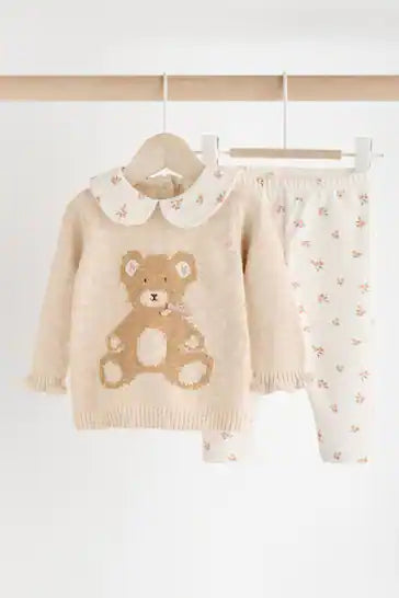 |BabyGirl| Conjunto De Macacão e Legging Cream Bear Bebê Tricotado 100% Algodão (0 meses a 3 anos)