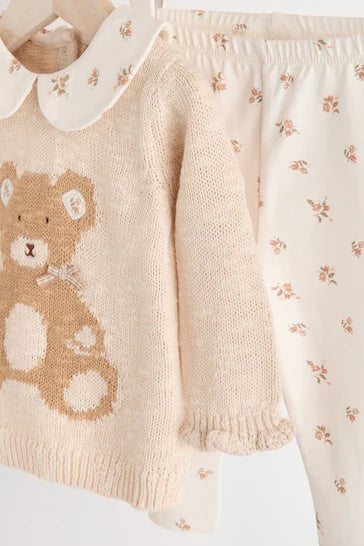 |BabyGirl| Conjunto De Macacão e Legging Cream Bear Bebê Tricotado 100% Algodão (0 meses a 3 anos)