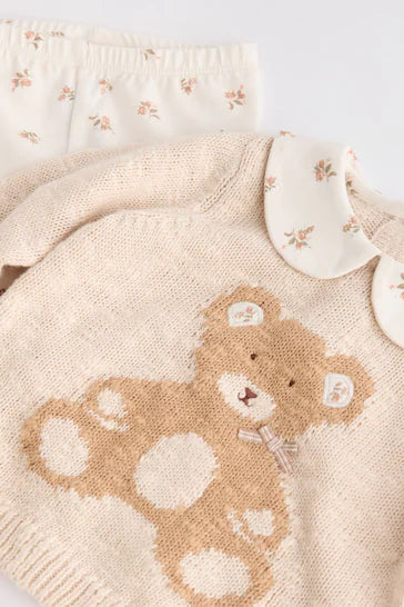 |BabyGirl| Conjunto De Macacão e Legging Cream Bear Bebê Tricotado 100% Algodão (0 meses a 3 anos)