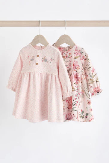 |BabyGirl| Conjunto De 2 Vestidos De Jérsei Rosa Floral/Fada Para Bebê (0 meses a 2 anos)