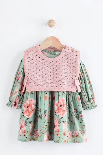 |Niña| Vestido tejido verde salvia/floral con medias para bebé (0 meses a 2 años)