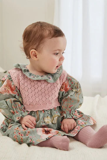 |Niña| Vestido tejido verde salvia/floral con medias para bebé (0 meses a 2 años)