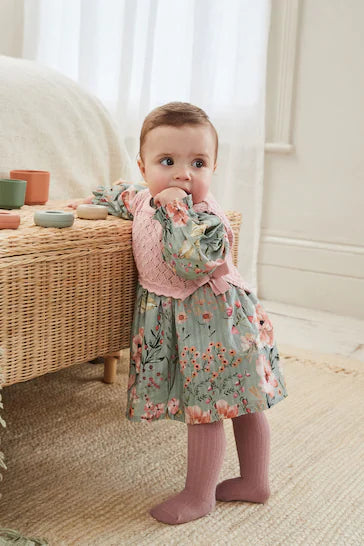 |Niña| Vestido tejido verde salvia/floral con medias para bebé (0 meses a 2 años)