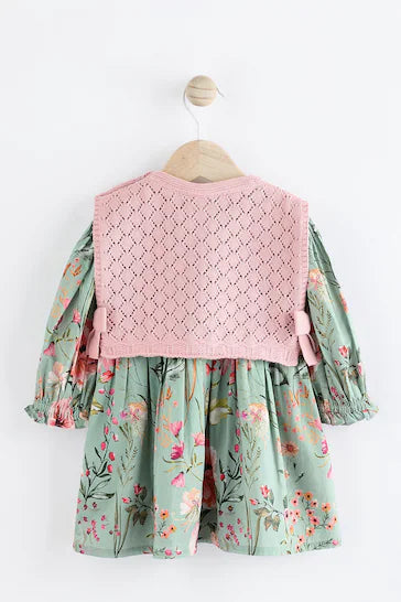 |Niña| Vestido tejido verde salvia/floral con medias para bebé (0 meses a 2 años)