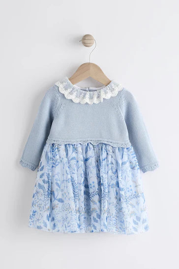 |BabyGirl| Vestido De Bebê Em Malha Floral Azul (0 meses a 2 anos)