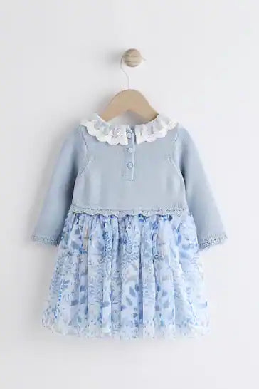 |Niña| Vestido bebé de malla floral azul (0 meses a 2 años)