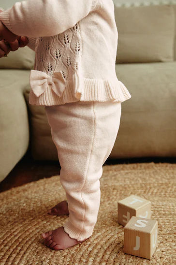 |BabyGirl| Conjunto De Macacão e Leggings De Malha Para Bebê Com Laços Crus (0 meses a 3 anos)