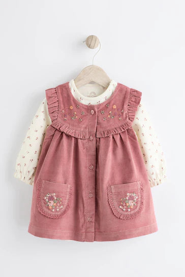 |Niña| Vestido Bebé Delantal de Pana con Leotardos - Bordado Rosa (0 meses a 2 años) (0 meses a 2 años)