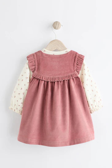 |Niña| Vestido Bebé Delantal de Pana con Leotardos - Bordado Rosa (0 meses a 2 años) (0 meses a 2 años)