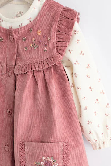 |Niña| Vestido Bebé Delantal de Pana con Leotardos - Bordado Rosa (0 meses a 2 años) (0 meses a 2 años)