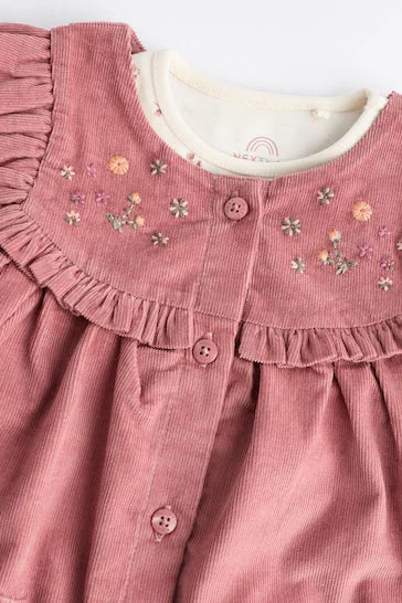 |BabyGirl| Vestido Avental De Veludo Cotelê Para Bebê Com Meia-Calça - Bordado Rosa (0 meses a 2 anos) (0 meses a 2 anos)