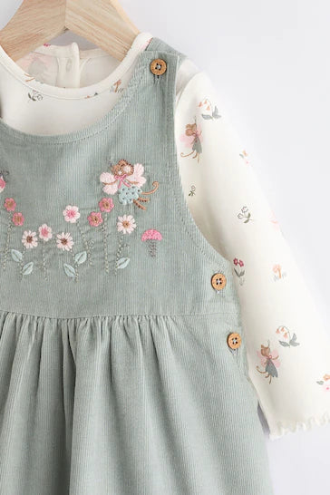 |Niña| Vestido Delantal para Bebé con Leotardos de Pana - Bordado Verde (0 meses a 2 años)