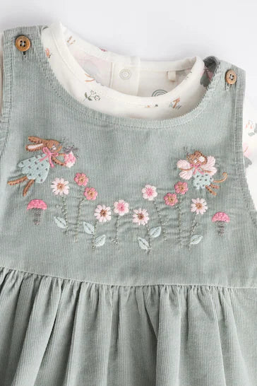 |Niña| Vestido Delantal para Bebé con Leotardos de Pana - Bordado Verde (0 meses a 2 años)