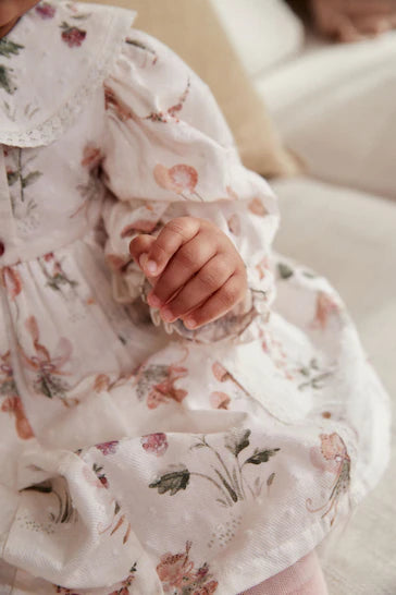 |Niña| Vestido blanco de tela floral/hada para bebé con medias (0 meses a 2 años)