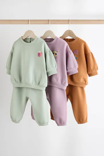 |BabyGirl| Conjunto De 6 Moletons e Jogging Para Bebê - Personagem Roxo/Verde/Laranja