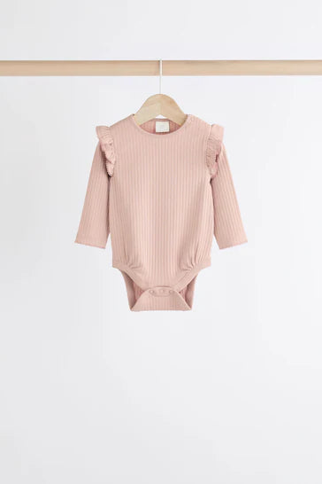 |BabyGirl| Body Com Babados De Manga Comprida Rosa/Creme Para Bebê, Pacote Com 4