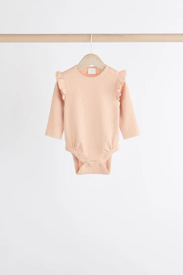 |BabyGirl| Body Com Babados De Manga Comprida Rosa/Creme Para Bebê, Pacote Com 4