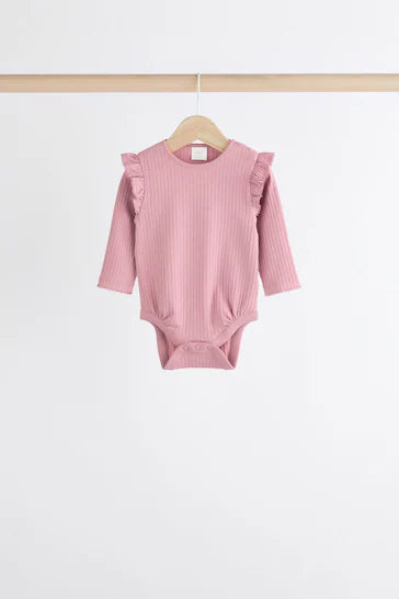 |BabyGirl| Body Com Babados De Manga Comprida Rosa/Creme Para Bebê, Pacote Com 4