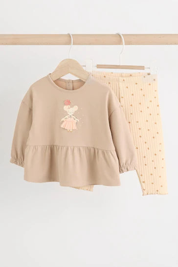 |BabyGirl| Conjunto De Blusa e Leggings De Manga Comprida Para Bebê 100% Algodão - Mouse Bailarina Marrom Chocolate