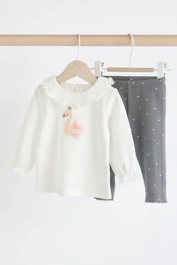 |Niña| Conjunto de camiseta y leggings de manga larga para bebé - Blanco cisne/Gris carbón