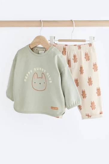 |BabyGirl| Conjunto De Blusa e Leggings De Manga Comprida Para Bebê - Sage Green Varsity Bunny