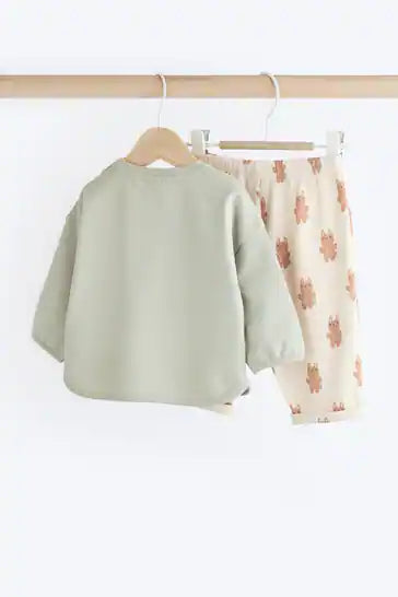 |BabyGirl| Conjunto De Blusa e Leggings De Manga Comprida Para Bebê - Sage Green Varsity Bunny