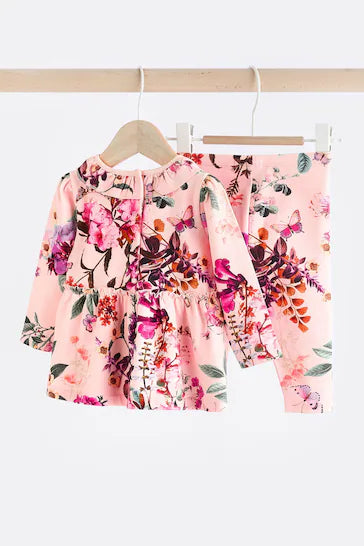 |BabyGirl| Conjunto De Blusa e Leggings De Manga Comprida Para Bebê - Floral Rosa