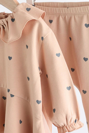 |Niña| Conjunto Bebé Camiseta Manga Larga y Leggings Estampado Corazones Beige