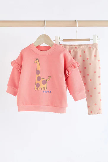 |BabyGirl| Conjunto De Blusa e Leggings Para Bebê - Coral Pink Giraffe