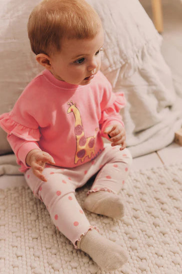 |BabyGirl| Conjunto De Blusa e Leggings Para Bebê - Coral Pink Giraffe