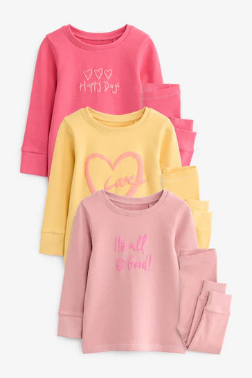 |NiñaGrande| Pack de 3 Pijamas Estampado Eslogan Rosa/Amarillo (9 meses a 12 años)