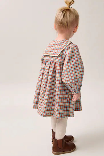 |Niña| Vestido Cuadros Azul/Ginger 100% Algodón Con Cuello (3 meses a 8 años)