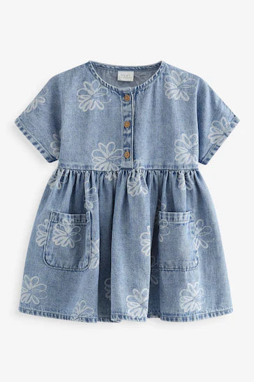 |Niña| Vestido Relaxed 100% Algodón - Denim Flor Azul (3 meses a 8 años)