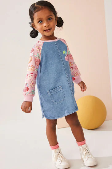 |Niña| Vestido vaquero raglán con estampado de frutas rosa (3 meses a 8 años)