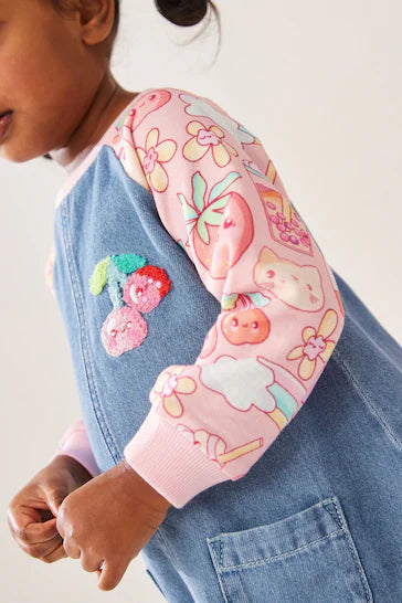 |Niña| Vestido vaquero raglán con estampado de frutas rosa (3 meses a 8 años)