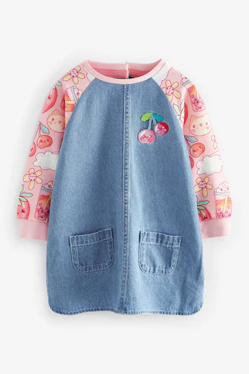 |Niña| Vestido vaquero raglán con estampado de frutas rosa (3 meses a 8 años)