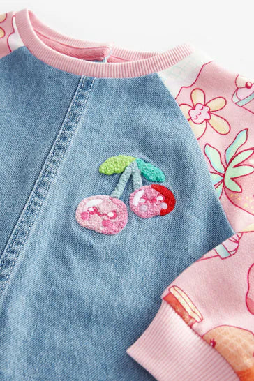 |Niña| Vestido vaquero raglán con estampado de frutas rosa (3 meses a 8 años)