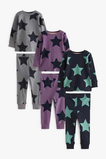 |Niño| Pack de 3 pijamas acurrucados - Estrella morada/azul marino (de 9 meses a 12 años)