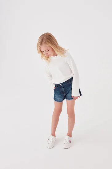 |BigGirl| Shorts Com Barra Desfiada - Mid Blue Denim (3-16 anos)